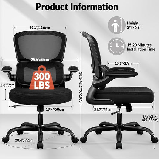 BESTFAIR Ergonomic Mesh Office Chair, Breathable Mesh Computer Desk Chair, Adjustable Lumbar Support, Flip-up Armrests, Executive Swivel Chair for Home Office, Black Pack of 10