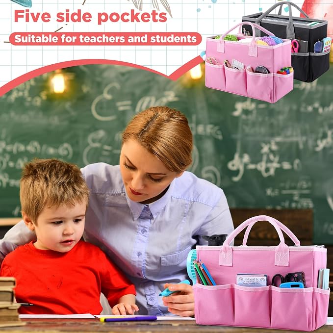 Tellingyou 2 Pcs Art Craft Tote Bag Teacher Craft Organizers and Storage Bag Desktop Tote Supply 600d Oxford Classroom Organizer Caddy Gift for Crafters Christmas Office(Black, Pink)