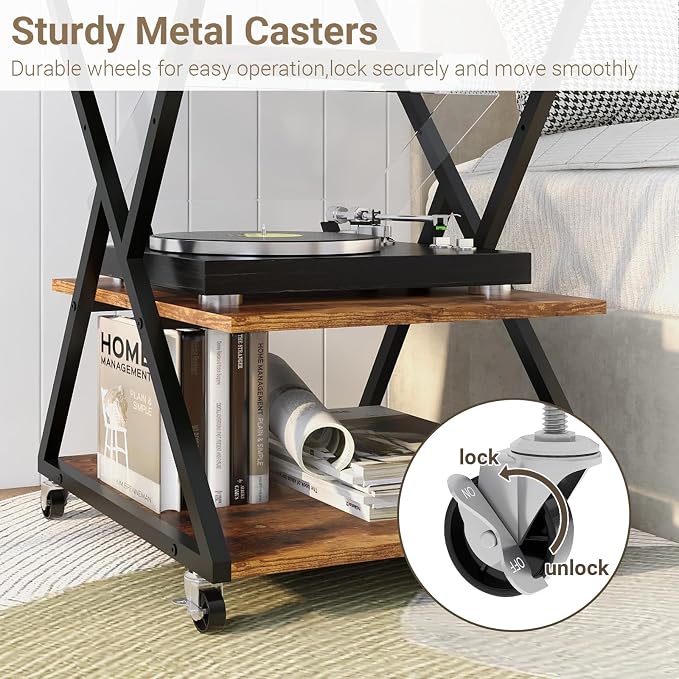 Natwind 3 Tier Printer Stand, 19.7''x19.7'' Large Printer Table with Height Adjustable Shelf, Rolling Printer Cart with Wheels,Multifunctional Organizer Shelf for Home Office Kitchen（Retro）