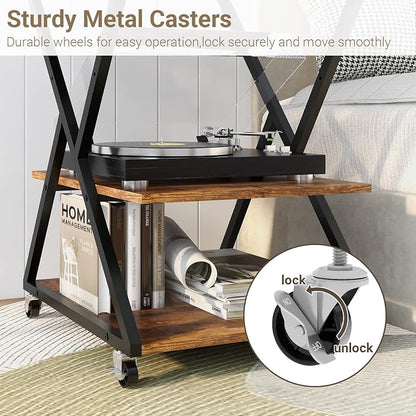 Natwind 3 Tier Printer Stand, 19.7''x19.7'' Large Printer Table with Height Adjustable Shelf, Rolling Printer Cart with Wheels,Multifunctional Organizer Shelf for Home Office Kitchen（Retro）