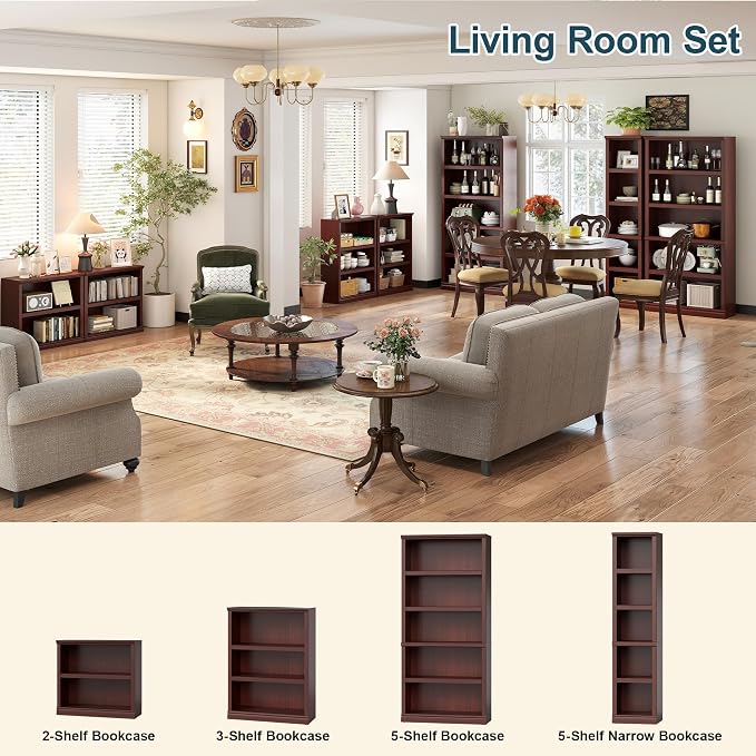blini Wooden Bookshelf and Bookcase 3 Tier Double Wide Large Bookshelves Set of 2, Wood Bookshelf for Living Room, Home Office, Library (Mahogany, 3-Shelf)