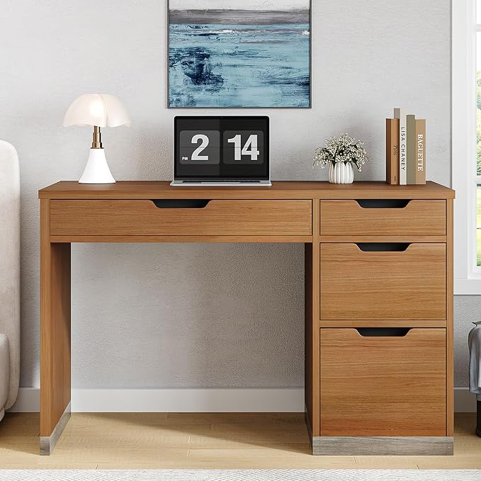 MaverickFurni 48 Inch Small Desk with 4 Drawers, Computer Desk with Storage File Drawer for Bedroom, Home Office Desk with Storage for Small Space, Brown