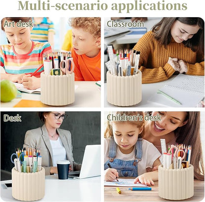 Anyoifax 360° Rotating Pen Holder 7 Slots Desk Organizer Removable Pencil Cup Plastic Art Supplies and Accessories Desktop Storage Box Caddy for Office, School, Home (Beige)