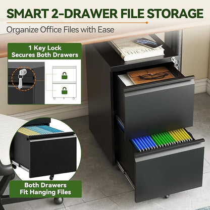 SAWJEC 2 Drawer File Cabinet with Lock, Fully Assembled Rolling Metal Filing Cabinet for Home Office, Fits Letter/Legal/A4, Black, 17" D x 15" W x 26" H