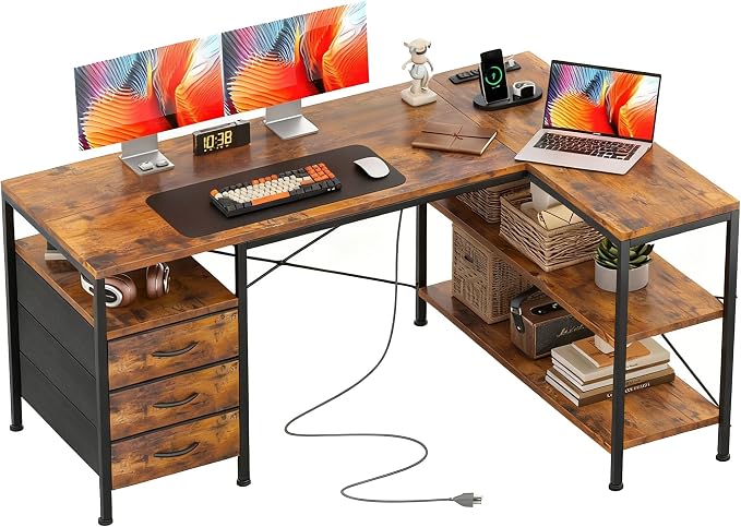 Alpen L Shaped Computer Desk, 47 Inch Corner Desk with Drawers and Power Outlets, Home Office Desk for Gaming, Study Writing PC Table with Storage and Reversible Shelf, Rustic Brown