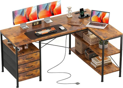 Alpen L Shaped Computer Desk, 47 Inch Corner Desk with Drawers and Power Outlets, Home Office Desk for Gaming, Study Writing PC Table with Storage and Reversible Shelf, Rustic Brown