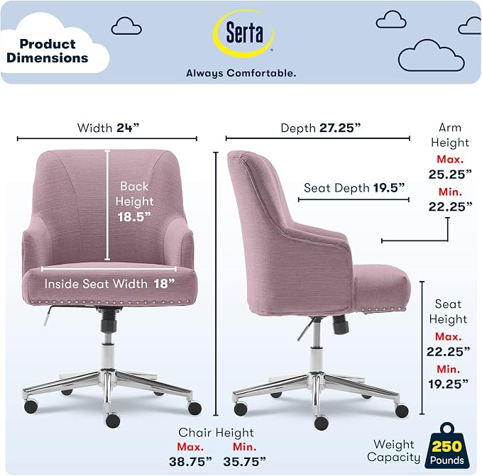 Serta Leighton Home Office Desk Chair, Mid-Back with Chrome Nailheads, Memory Foam Cushion and Padded Arms, Modern Makeup Vanity Armchair with Wheels, Swivel Base, Bonded Leather, Lilac Purple