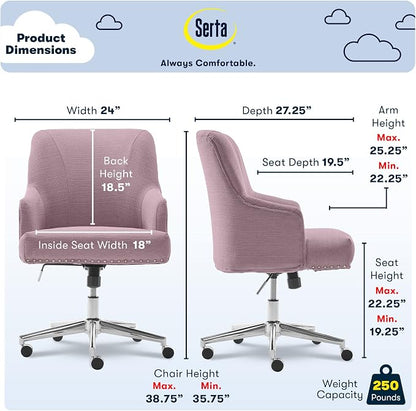 Serta Leighton Home Office Desk Chair, Mid-Back with Chrome Nailheads, Memory Foam Cushion and Padded Arms, Modern Makeup Vanity Armchair with Wheels, Swivel Base, Bonded Leather, Lilac Purple