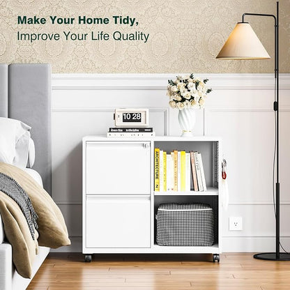 Metal 2 Drawer File Cabinet with Side Hook, Lockable Lateral Filing Cabinet for Letter/A4/Legal Size Files,Rolling Printer Stand with Adjustable Shelf & Lockable Wheelss for Home Office(White)