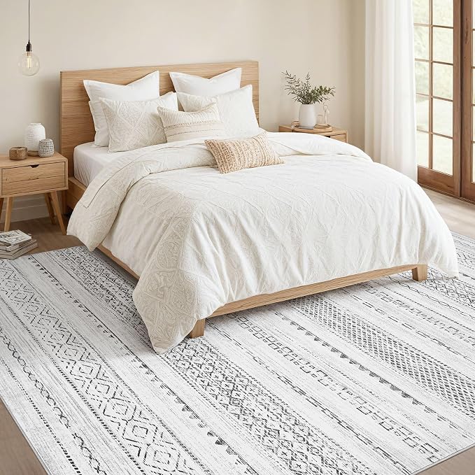 Nakagishi 10x12 Area Rug Living Room: Washable Boho Large Neutral Modern Soft Stain Resistant Farmhouse Indoor Floor Rug Non Slip Accent Carpet for Bedroom Nursery Kids Playroom Office- Gray