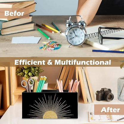 DILSJ Boho Abstract Golden Sunshine Pen Pencil Holder Organizer for Desk, Boho Office Decor, Mid Century Modern Minimalist Abstract Sunshine Wooden Box Signs for Home Office Desk Tabletop Decoration