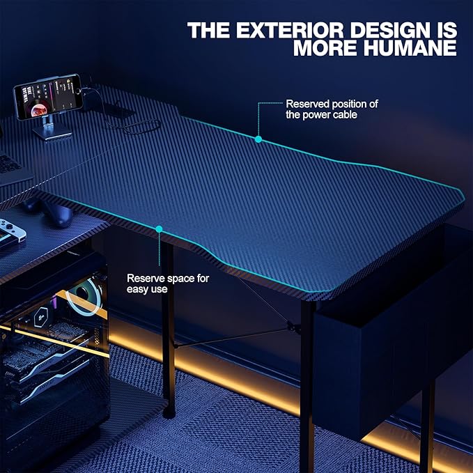 Acrolix L Shaped Gaming Desk 55 Inch - Computer Corner Desk with Power Outlets, Reversible Shelves & Storage Bag for Home Office, PC Gaming Table, Black Carbon