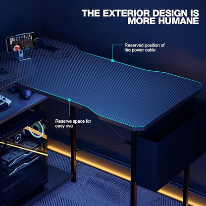 Acrolix L Shaped Gaming Desk 55 Inch - Computer Corner Desk with Power Outlets, Reversible Shelves & Storage Bag for Home Office, PC Gaming Table, Black Carbon