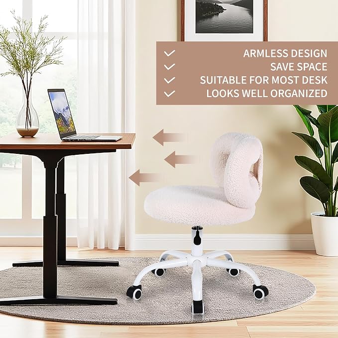 Modern Faux Cashmere Home Office Chair, Height Adjustable Desk Chair with Back and Wheels for Living Room, Swivel Make-up Vanity Armless Chairs for Girls and Women (1, Cream)