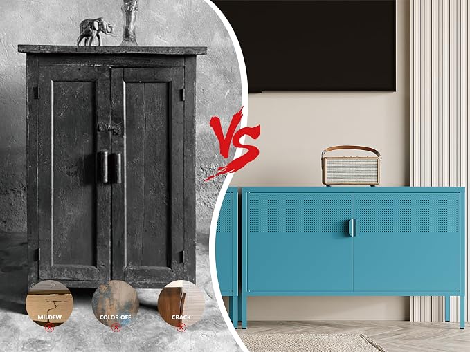 Metal Storage Cabinet,2 Door TV Stand, Metal Mesh Accent Cabinet,Magnetic Door Closure,Low Storage Cabinets with Doors and Shelves