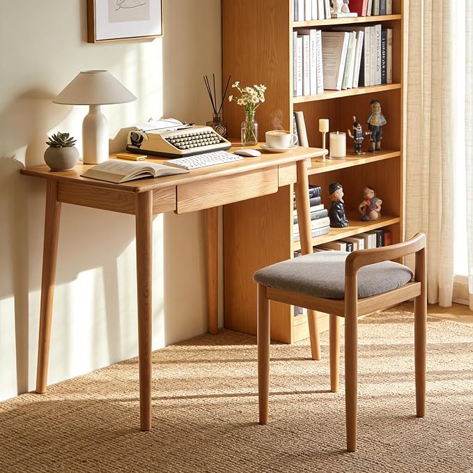 39" Solid Red Oak Writing Desk with Drawer & Tapered Legs – Natural Wood Finish, Mid-Century Modern for Bedroom, Home Office, Study