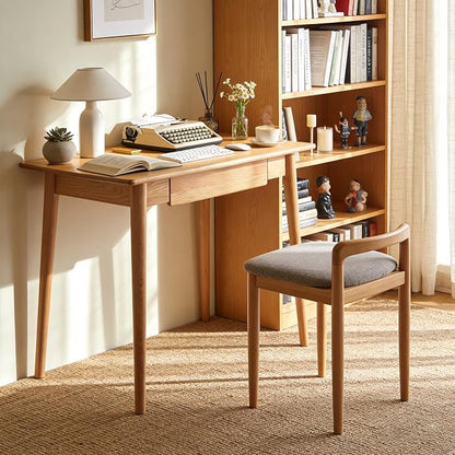 39" Solid Red Oak Writing Desk with Drawer & Tapered Legs – Natural Wood Finish, Mid-Century Modern for Bedroom, Home Office, Study