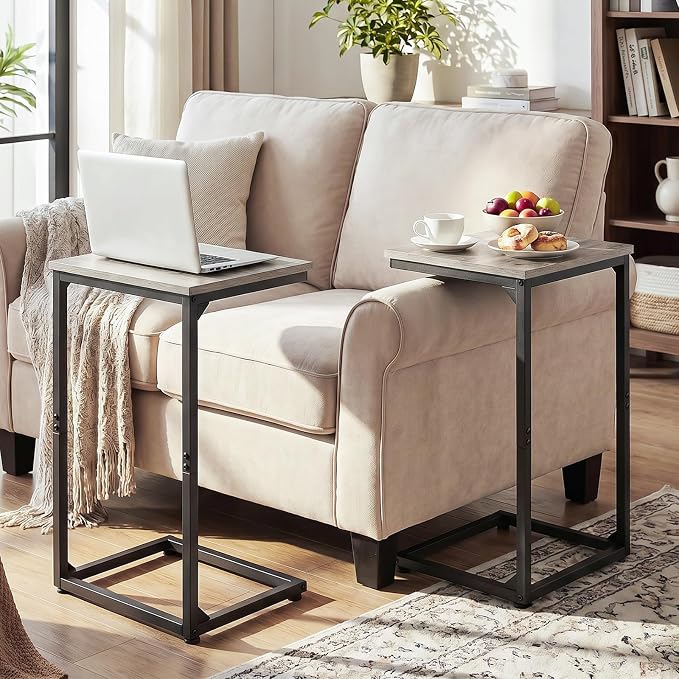 AMHANCIBLE C Shaped End Tables, Couch Side Tables that Slide Under, TV Trays for Living Room, Bedroom, Small Space, Sofa, Grey HET02BGY-1