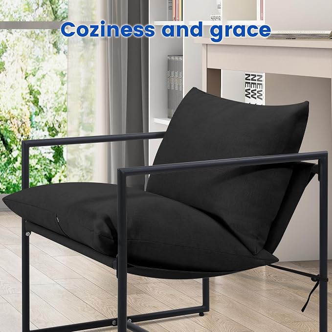 Kromax Sling Accent Chair, Set of 2, Cozy Living Room Chairs, Square Metal Frame, Upholstered Soft Cushion, Sponge, 28" x28“x32, Easy Assembly, Black
