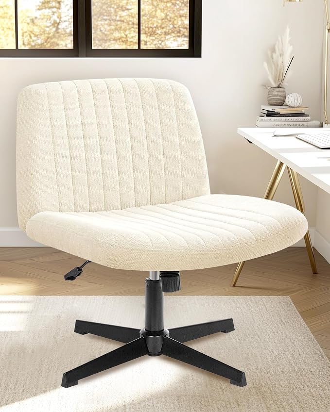 NEO Chair Criss Cross Chair No Wheels, Armless Cross Legged Office Desk Chair, Vanity Makeup Fabric Computer Comfy Adjustable Swivel Ergonomic Living Bedroom for Home Office (Fabric Beige)