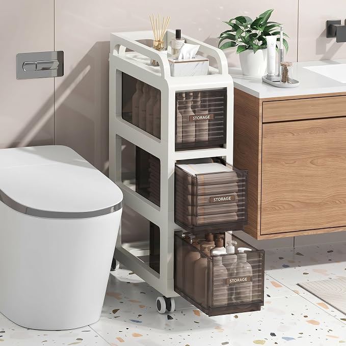 Bathroom Storage with Drawers, 7.87" Wide Slim Storage Cabinet with Wheels for Small Spaces, Narraw Cart for Kitchen Office Bedroom Dinning Room Under Desk, 26" Tall