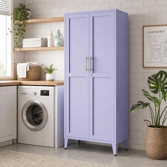 Metal Storage Cabinet with Lock,Purple Steel Tool Cabinet with 3 Adjustable Shelves,61 Tall Freestanding Heavy Duty Garage Locker for Laundry Living Room Bedroom