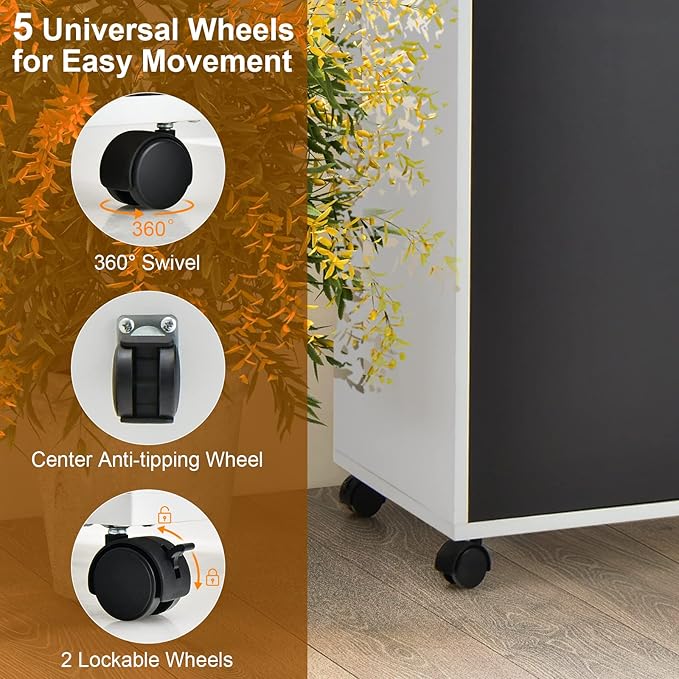 Lateral File Cabinet with Lock, Filing Cabinet for Legal/Letter/A4 Size Files, 40” Printer Stand with Open Storage Shelves for Home Office, Mobile File Cabinets on Wheels