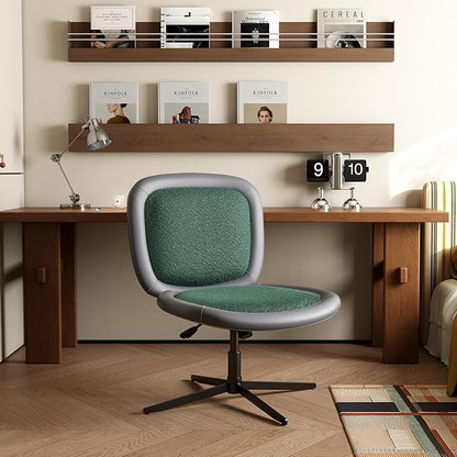 Nordic Armless Ergonomic Office Chair with Wheels, Diamond Tufted PU Leather Computer Chair, Adjustable Height Desk Chair with Solid Wood Back for Small Home Office (No Wheels-Green)