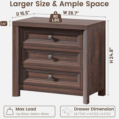 Walnut Nightstands Set of 2, Farmhouse Wood Night Stand with 3 Drawers and Metal Knobs, 24.8” Tall Bedside Table with Storage, Rustic End Table for Living Room Bedroom Side Table Home Office