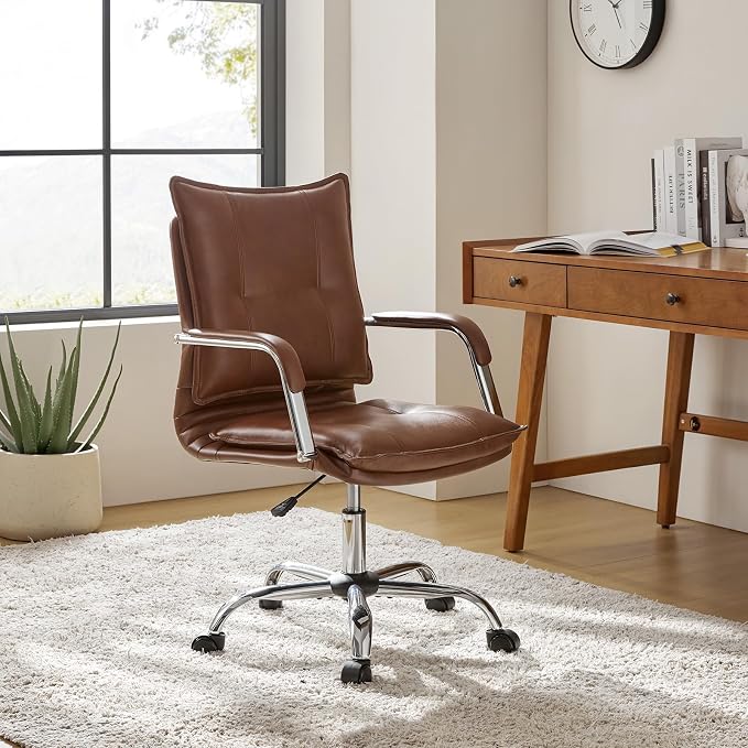 HULALA HOME Faux Leather Home Office Desk Chair, Adjustable Swivel Computer Chair with Sliver Legs and Arms, Comfy Upholstered Task Chair(Brown)