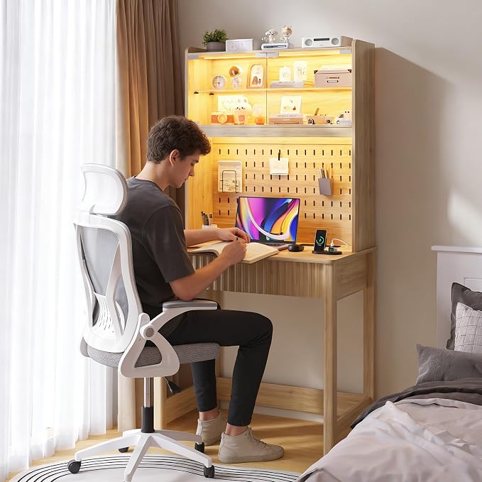 Lvifur Compact Writing Desk with LED Reading Lights (Natural86023)