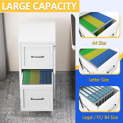 GAIOUS Metal Vertical File Cabinet with Lock, Locked Under Desk Cabinet | 2 Drawer Filing Cabinet for Home Office, Metal Filing Cabinet, White Lockable Storage Cabinet, Fits Letter/Legal/A4 Size