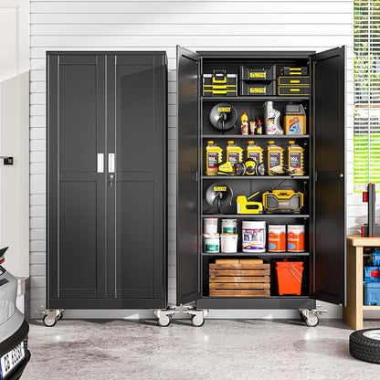 winiowa 75" Tall Metal Garage Storage Cabinet with Wheels, Steel Locking Rolling Tool Cabinet with 5 Adjustable Shelves for Garage,Home,Office (Black)