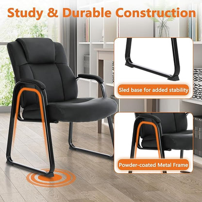 CLATINA Big Tall 500 LBS Wide Guest Chair Heavy Duty, Leather Side Reception Chairs with Sled Base and Armrest, Executive Office Desk Chair No Wheels for Meeting Conference Waiting Room Home, 6 Pack