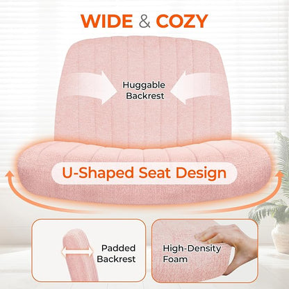 Orange Factory Criss Cross Chair Wheels Wide Cross Legged Office Desk Vanity Chair Comfy Fabric Armless Adjustable Swivel for Home Computer Task (Pink Wheel, Fabric)