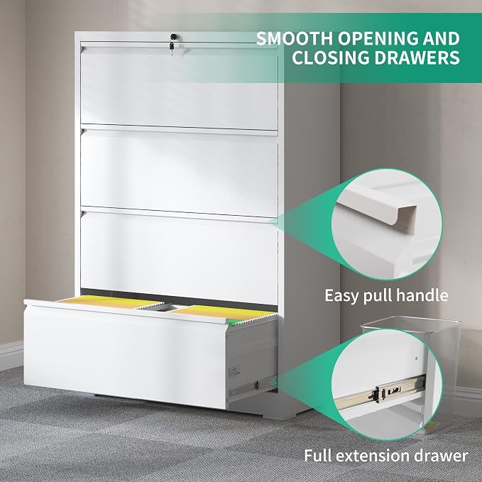 IKIMI 4 Drawer Lateral File Cabinets,White Metal Lateral Filing Cabinet for Home Office,Wide Steel Storage Cabinet Commercial Drawer for Legal/Letter/A4 Size Files