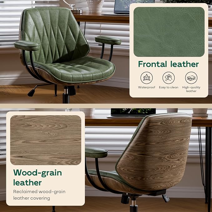 Office Desk Chair with Rubber Casters and Padded Arms, Premium Olive Green Faux Leather Computer Chair, Height Adjustable Vintage Rolling Swivel Executive Task Chair for Home Office