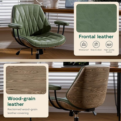 Office Desk Chair with Rubber Casters and Padded Arms, Premium Olive Green Faux Leather Computer Chair, Height Adjustable Vintage Rolling Swivel Executive Task Chair for Home Office