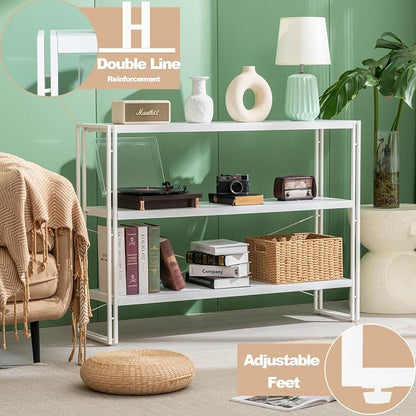 HCHQHS Bookshelf, 3-Tier Industrial Bookcase, White Open Book Shelf, Freestanding Horizontal Bookshelves with Metal Frame