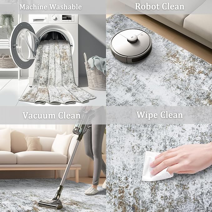 6x9 Area Rug Living Room Rugs - Washable Rug Large Modern Abstract Soft Thin Carpets Indoor Floor No Slip Vintage Carpet for Bedroom Under Dining Table Nursery Home Office Decor Gray Brown