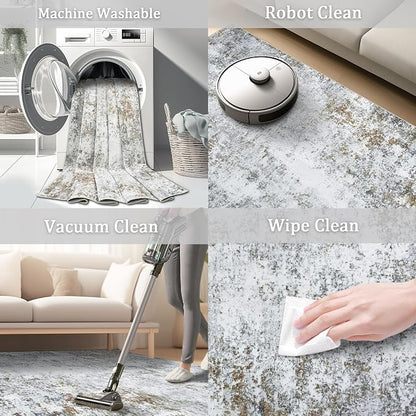 9x12 Area Rug Living Room Rugs - Washable Rug Large Modern Abstract Soft Thin Carpets Indoor Floor No Slip Vintage Carpet for Bedroom Under Dining Table Nursery Home Office Decor Gray Brown