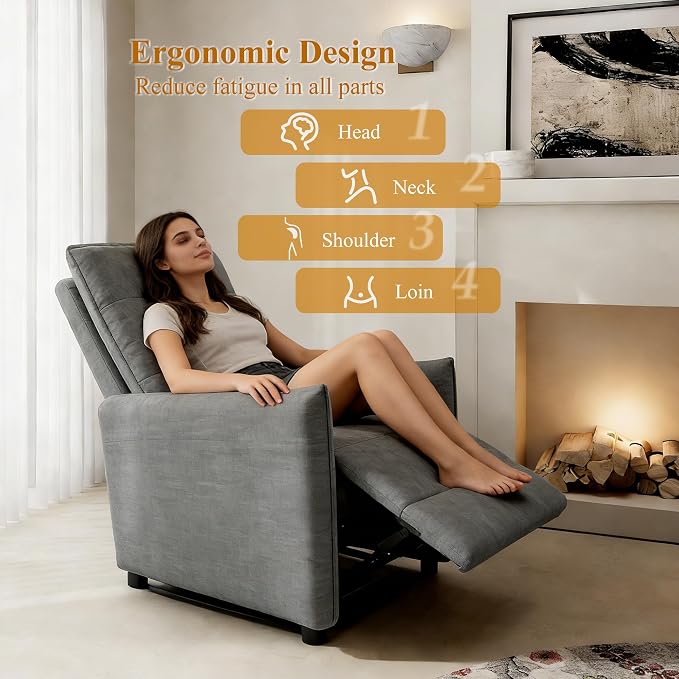 Recliner Chair for Women, Small Recliners for Small Spaces with High Back, Manual Push Back Nursery Chair Overstuffed High-Density Foam for Nursing Bedroom Living Room (Grey)