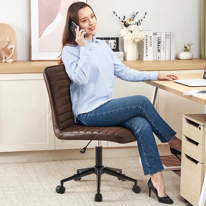 Furniliving Leather Home Office Chair, Armless Vanity Desk Task Chair with Wheels 360° Swivel Computer Rolling Desk Chair with Back, Adjustable Accent Chair with Base Stool