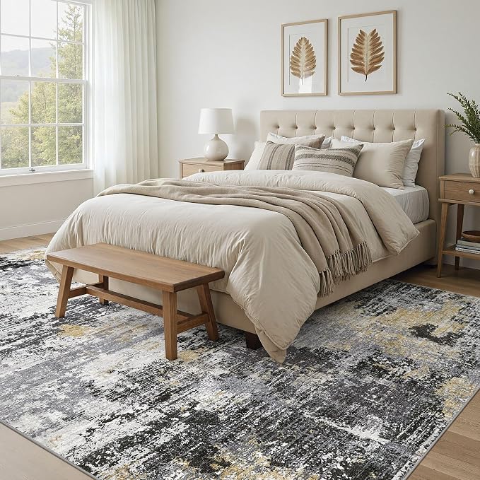 UERMEI 9x12 Area Rug for Living Room - Washable Neutral Modern Abstract Carpet, Non-Slip Soft Large Indoor Floor Rugs for Bedroom Home Office & Under Dining Table Decor, Black/White/Gold
