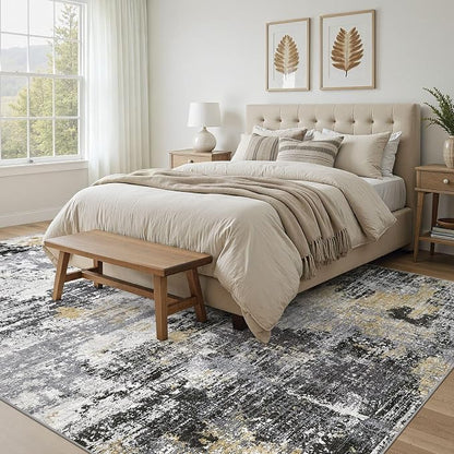 UERMEI 9x12 Area Rug for Living Room - Washable Neutral Modern Abstract Carpet, Non-Slip Soft Large Indoor Floor Rugs for Bedroom Home Office & Under Dining Table Decor, Black/White/Gold