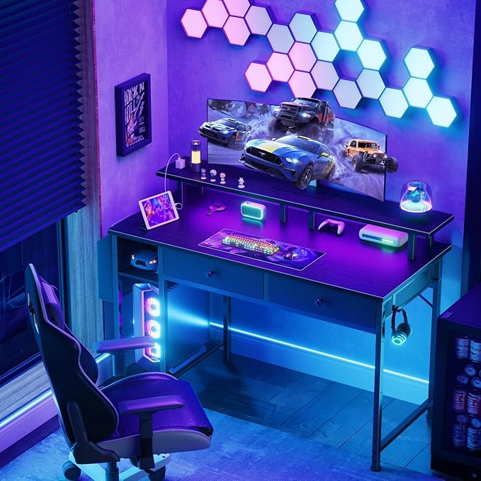 DLisiting Black Gaming Desk with Shelves and Drawers - 39 Inch Small Gaming Desk with Storage Shelves for Boys Teens Bedroom, Black Computer Desks with Drawers, Monitor Stand, Power Outlet