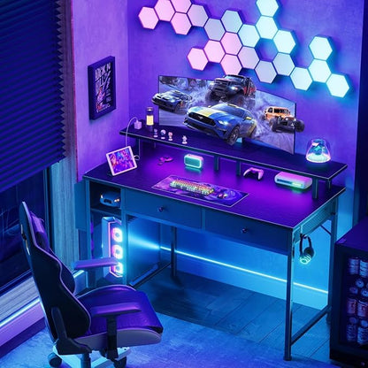 DLisiting Black Gaming Desk with Shelves and Drawers - 39 Inch Small Gaming Desk with Storage Shelves for Boys Teens Bedroom, Black Computer Desks with Drawers, Monitor Stand, Power Outlet