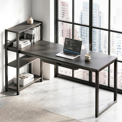 SHW 46-Inch Home Office Mission Computer Desk with Side Shelf and Drawer, Black