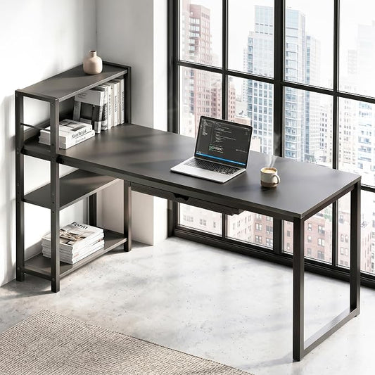SHW 46-Inch Home Office Mission Computer Desk with Side Shelf and Drawer, Black