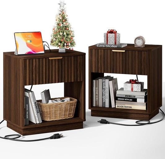Fluted Nightstand, Night Stand Set 2, Large Walnut Nightstands Set of 2 with Charging Station, 23" Wide End Table with Drawer & Open Shelf, Modern Bedside Table for Bedroom, Curved Corners